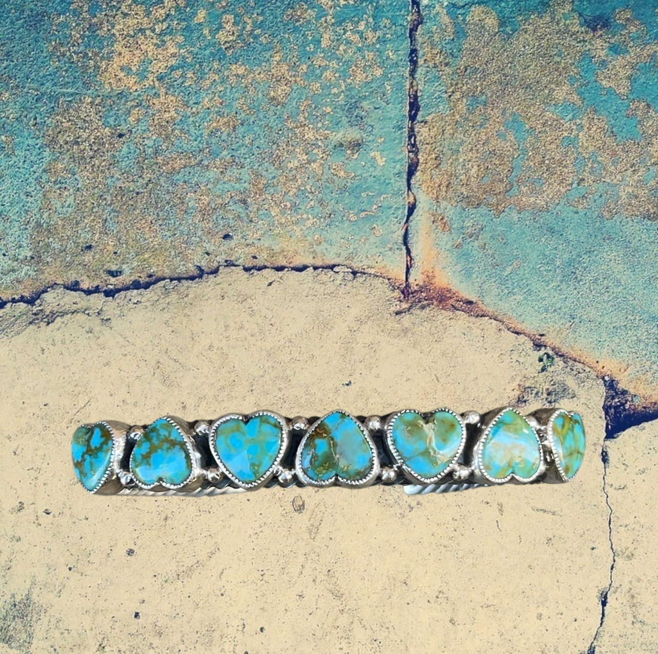 Sterling Silver Kingman Polychrome Turquoise Heart Row Bracelet